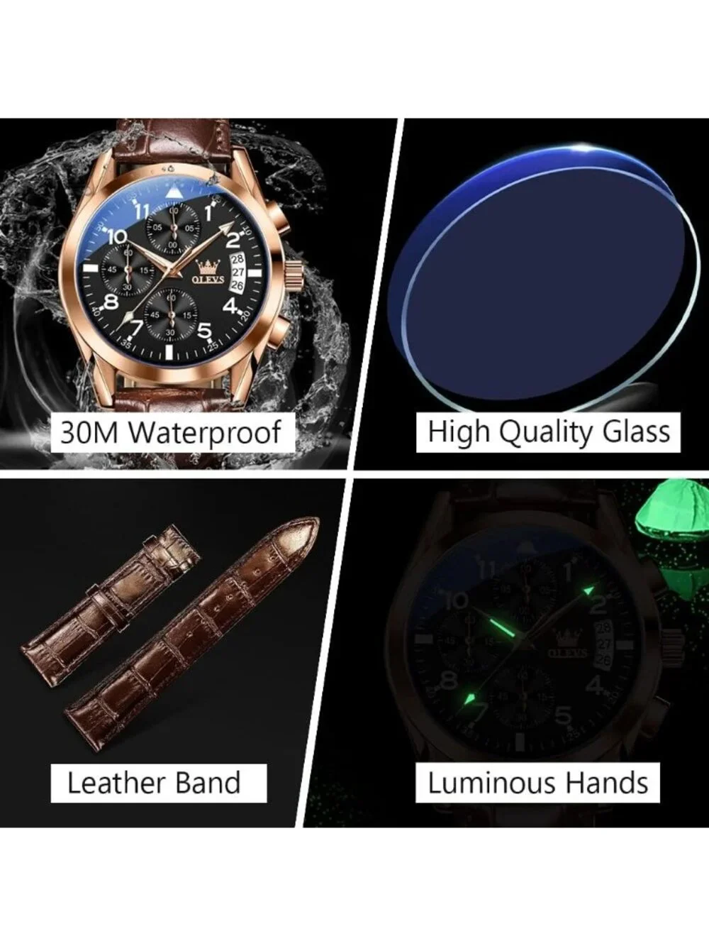 Men's Rose Gold Leather Chronograph Watch Big Face Waterproof Luminous Watch